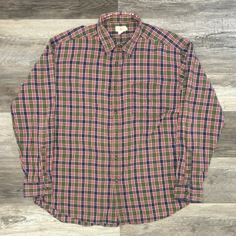 Vintage 90s J Crew Red Mens L Tartan Plaid Button Up Shirt‎ Oarsmen Flannel